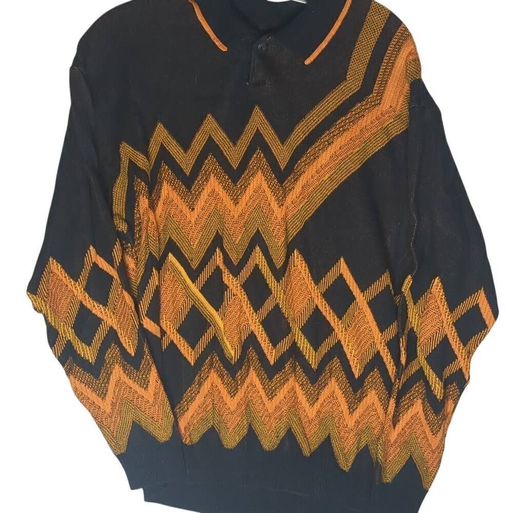 Vintage Tundra Geometric Orange Black Pullover Sweater Button Collar L Large